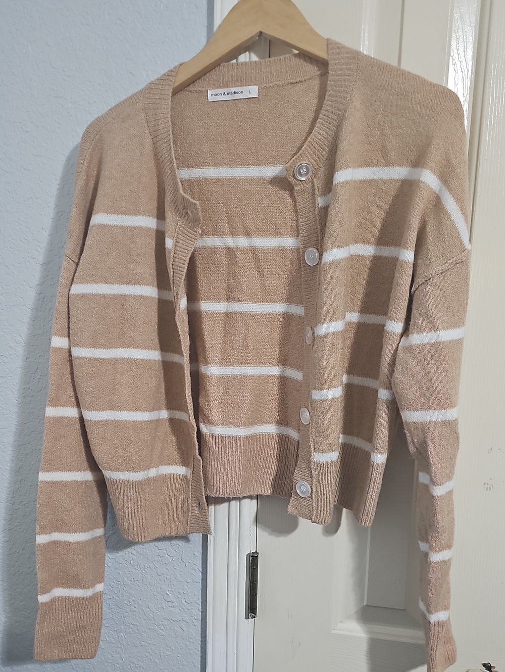 moon & madison Beige and White Striped Button Cardigan